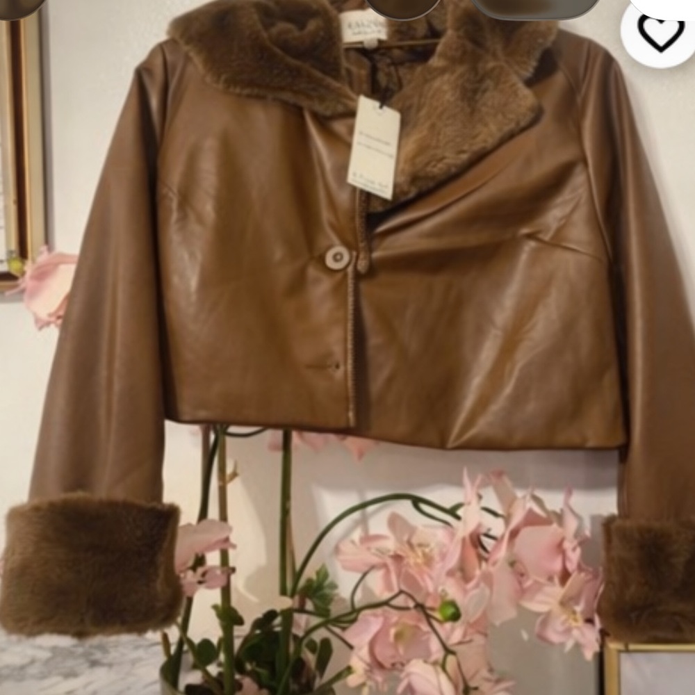 Stoosh Brown Faux Leather Jacket with Fur Trim
